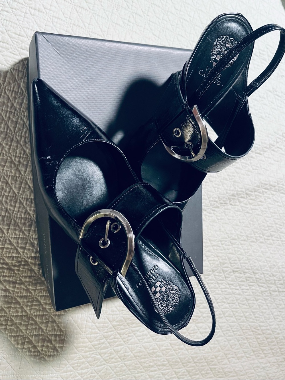 Black Leather Slingback Pumps with Silver Buckle